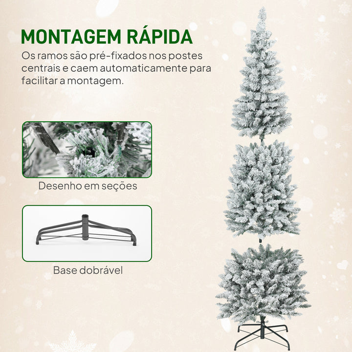 Árvore de Natal Estreita 210 cm Árvore de Natal Nevada com Luzes LED Bicolores 11 Modos de Iluminação 687 Ramos Suporte Metálico Montagem Fácil Verde