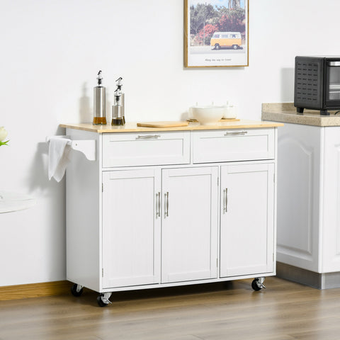 Carrinho de Cozinha com Rodas Carrinho de Cozinha Multiuso com 2 Gavetas 3 Portas Prateleiras Ajustáveis e Barra para Sala de Jantar 121x46x91cm Branco e Madeira