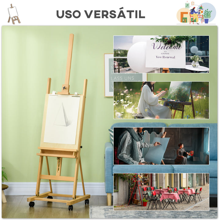 Cavalete de Pintura Dobrável 238 cm Cavalete de Madeira com Rodas Altura Ajustável Bandeja para Adultos Artistas Pintores Estudantes Madeira