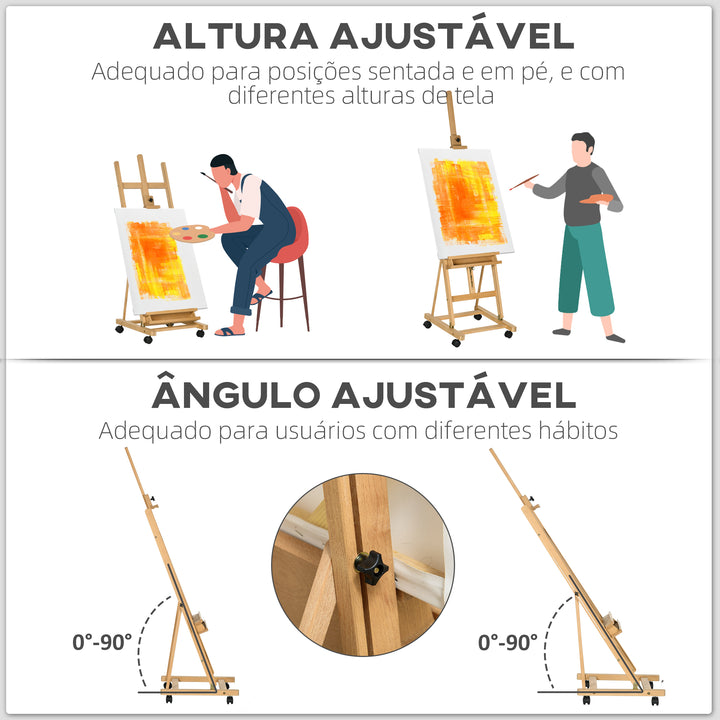 Cavalete de Pintura Dobrável 238 cm Cavalete de Madeira com Rodas Altura Ajustável Bandeja para Adultos Artistas Pintores Estudantes Madeira