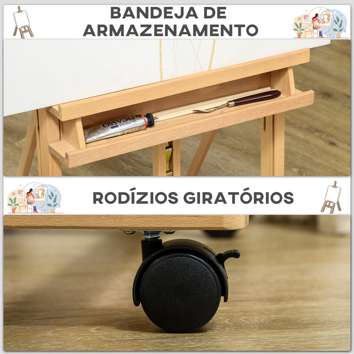 Cavalete de Pintura Dobrável 238 cm Cavalete de Madeira com Rodas Altura Ajustável Bandeja para Adultos Artistas Pintores Estudantes Madeira