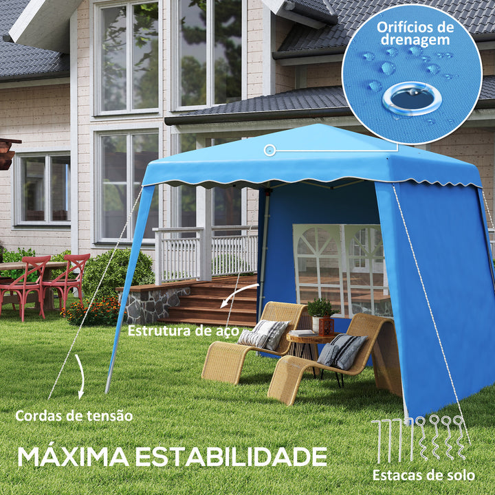 Tenda Dobrável com 2 Paredes Laterais 2,4x2,4 m Tenda de Jardim com Altura Ajustável Proteção UV50+ e Bolsa de Transporte para Exteriores Pátio Azul