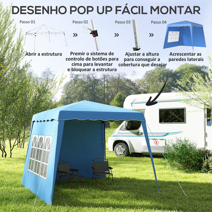 Tenda Dobrável com 2 Paredes Laterais 2,4x2,4 m Tenda de Jardim com Altura Ajustável Proteção UV50+ e Bolsa de Transporte para Exteriores Pátio Azul