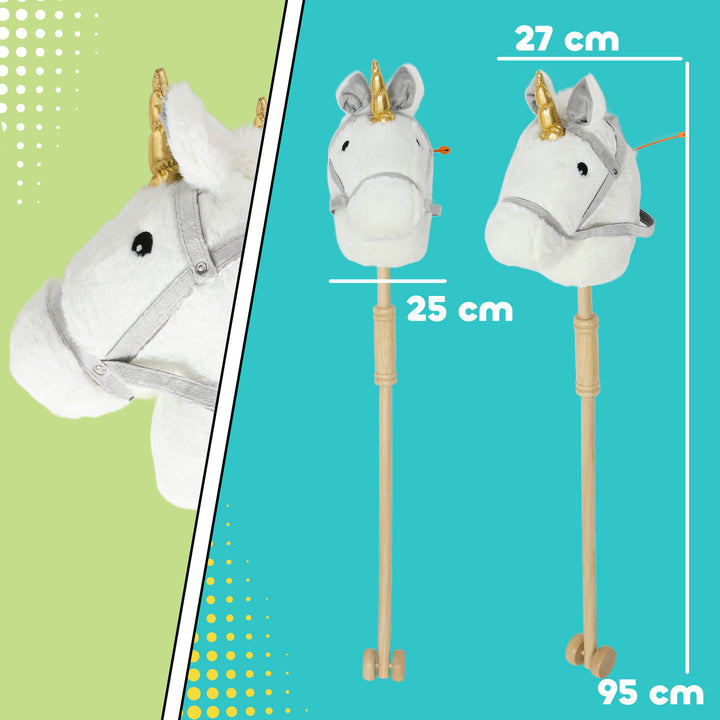 Cavalo com Pau de Madeira Design Unicórnio Sons e Rodas Cavalo de Brinquedo 95x25x27 cm Branco