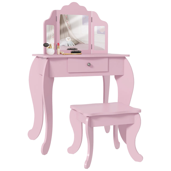 Toucador Infantil de Madeira com Banco e Espelho de Acrílico de 2 Seções Mesa de Maquilhagem Infantil com Gaveta para Dormitório Sala de Jogos 63x40x85,5 cm Rosa
