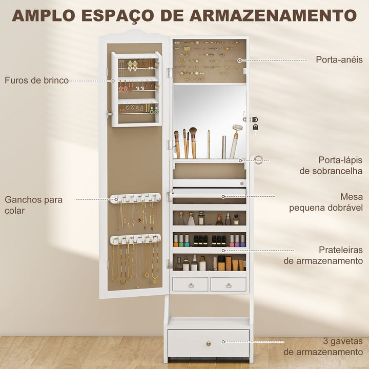Espelho de Joias com Luzes LED Armário para Joias Armário com Espelho de Ângulo Ajustável Gavetas Mesa Interior Dobrável Fecho Luzes com Desligar Automático Branco
