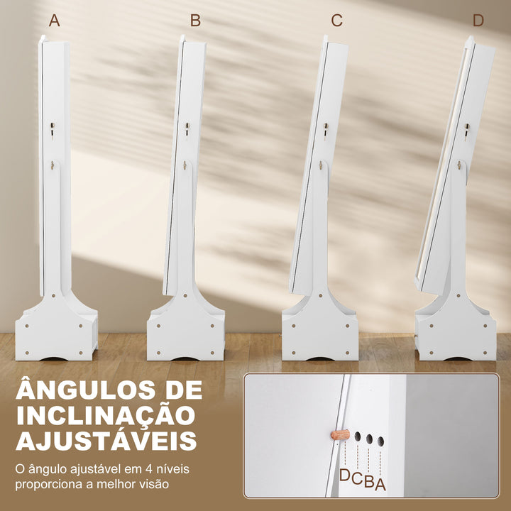 Espelho de Joias com Luzes LED Armário para Joias Armário com Espelho de Ângulo Ajustável Gavetas Mesa Interior Dobrável Fecho Luzes com Desligar Automático Branco