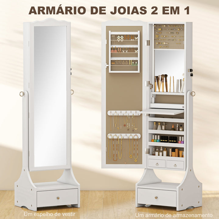 Espelho de Joias com Luzes LED Armário para Joias Armário com Espelho de Ângulo Ajustável Gavetas Mesa Interior Dobrável Fecho Luzes com Desligar Automático Branco