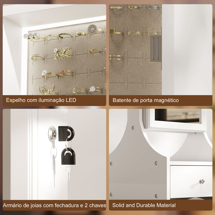 Espelho de Joias com Luzes LED Armário para Joias Armário com Espelho de Ângulo Ajustável Gavetas Mesa Interior Dobrável Fecho Luzes com Desligar Automático Branco