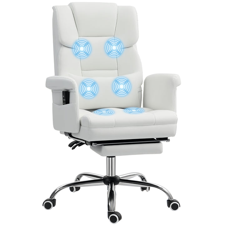 Cadeira de Massagem com 6 Pontos de Massagem Cadeira de Escritório com Apoio para os Pés Retrátil Altura Ajustável Controlo Remoto e Suporte Lombar Estofado em PU 69x65x107-115 cm Branco