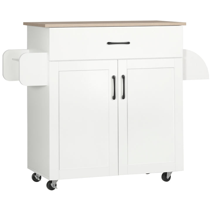 Carrinho de Cozinha com 1 Gaveta 2 Portas Suporte para Panos e Especies Carrinho Auxiliar com Rodas para Sala de Jantar Carga Máxima 105x36x85cm Branco