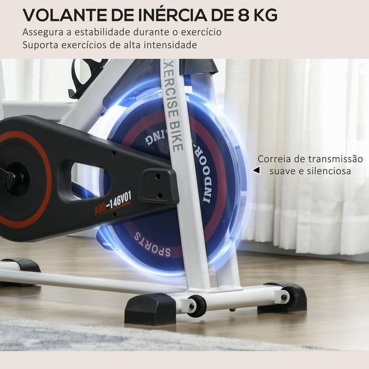 Bicicleta estática Spinning com tela LCD Sela ajustável Volante 8 kg Carga 100 kg 103x53x105-117,5 cm Branco