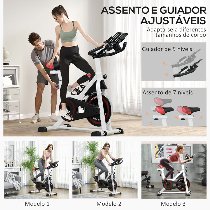 Bicicleta estática Spinning com tela LCD Sela ajustável Volante 8 kg Carga 100 kg 103x53x105-117,5 cm Branco