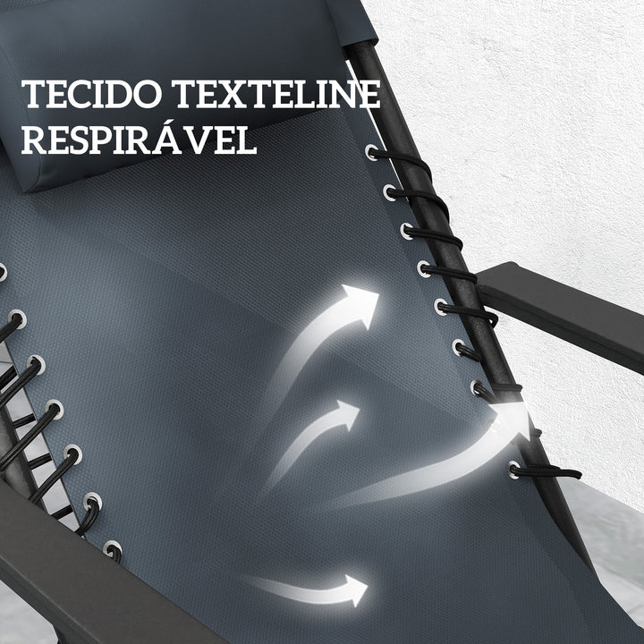 Conjunto de 2 Espreguiçadeiras Jardim Dobráveis com Mesa Auxiliar Porta-Copos Espreguiçadeiras de Gravidade Zero com Encosto Ajustável Apoios de Braço Removíveis para Pátio Piscina Cinza