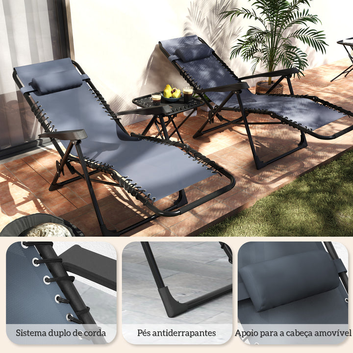 Conjunto de 2 Espreguiçadeiras Jardim Dobráveis com Mesa Auxiliar Porta-Copos Espreguiçadeiras de Gravidade Zero com Encosto Ajustável Apoios de Braço Removíveis para Pátio Piscina Cinza