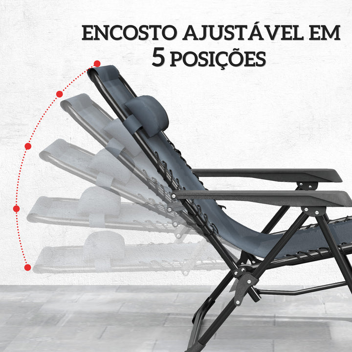 Conjunto de 2 Espreguiçadeiras Jardim Dobráveis com Mesa Auxiliar Porta-Copos Espreguiçadeiras de Gravidade Zero com Encosto Ajustável Apoios de Braço Removíveis para Pátio Piscina Cinza
