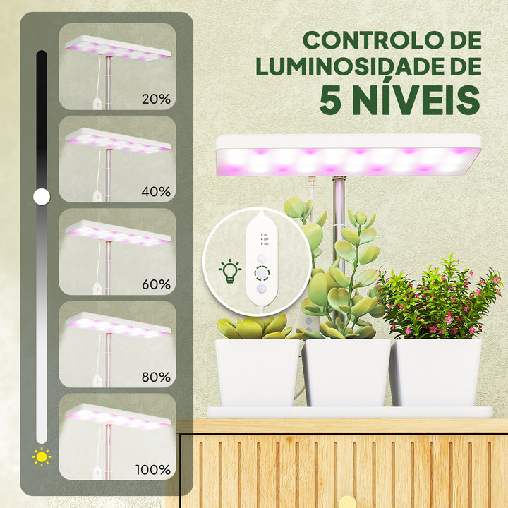 Luz de Crescimento com 30 LED de Espectro Completo Ajustável em Altura com Temporizador Automático 8/12/16/24H 5 Níveis de Brilho e 3 Vasos para Estufa Jardim 31,8x13,4x18,6-35,6 cm Branco