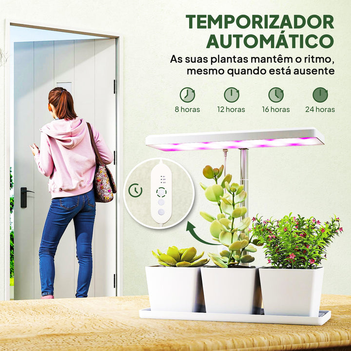 Luz de Crescimento com 30 LED de Espectro Completo Ajustável em Altura com Temporizador Automático 8/12/16/24H 5 Níveis de Brilho e 3 Vasos para Estufa Jardim 31,8x13,4x18,6-35,6 cm Branco