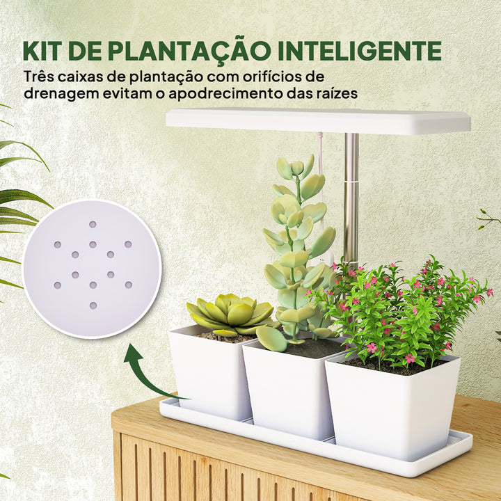 Luz de Crescimento com 30 LED de Espectro Completo Ajustável em Altura com Temporizador Automático 8/12/16/24H 5 Níveis de Brilho e 3 Vasos para Estufa Jardim 31,8x13,4x18,6-35,6 cm Branco