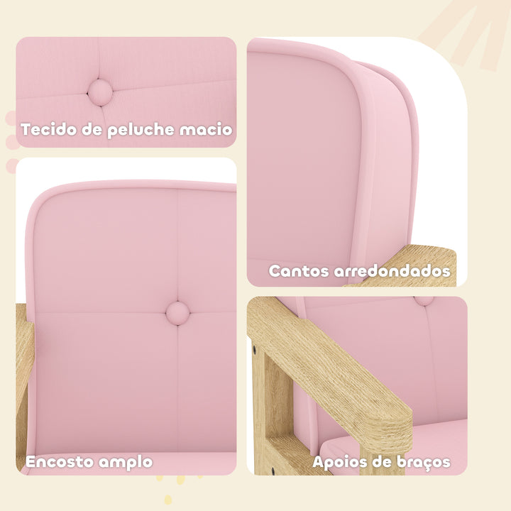 Poltrona Infantil Sofá para Crianças acima de 3 Anos com Tecido Suave de Veludo Cotelê Estrutura de Madeira Assento e Encosto Acolchoados Apoio de Braços Suporta 45 kg 46,5x44x45 cm Rosa