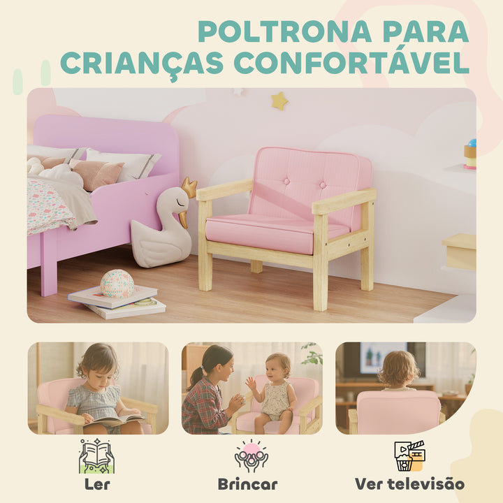 Poltrona Infantil Sofá para Crianças acima de 3 Anos com Tecido Suave de Veludo Cotelê Estrutura de Madeira Assento e Encosto Acolchoados Apoio de Braços Suporta 45 kg 46,5x44x45 cm Rosa