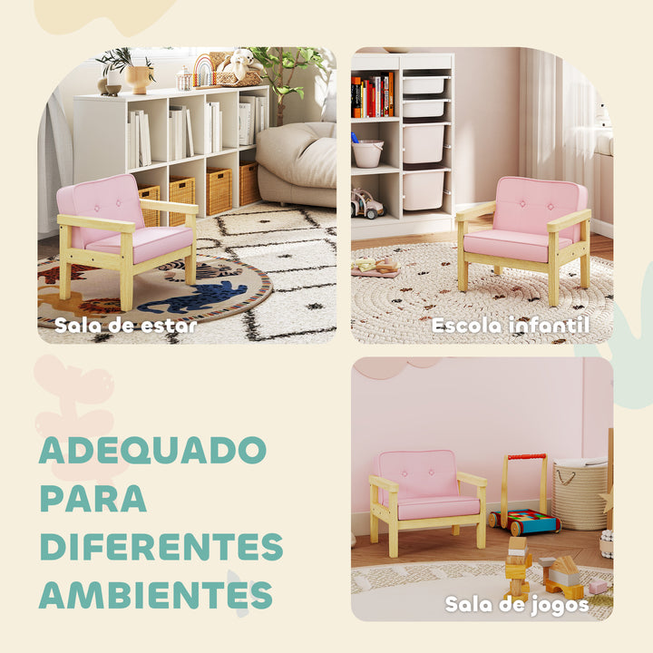 Poltrona Infantil Sofá para Crianças acima de 3 Anos com Tecido Suave de Veludo Cotelê Estrutura de Madeira Assento e Encosto Acolchoados Apoio de Braços Suporta 45 kg 46,5x44x45 cm Rosa