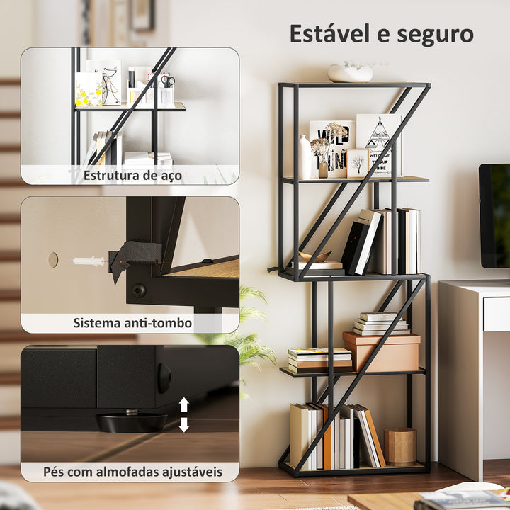 Estante de 5 Níveis Estante para Livros Estilo Industrial com Prateleiras Abertas e Estrutura de Aço para Sala de Estar Quarto e Escritório 60x30x165 cm Madeira e Preto