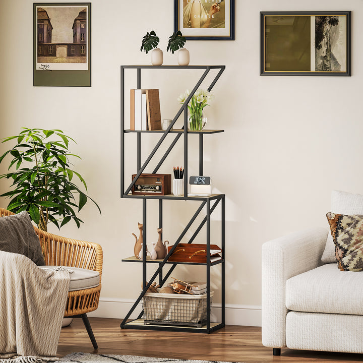 Estante de 5 Níveis Estante para Livros Estilo Industrial com Prateleiras Abertas e Estrutura de Aço para Sala de Estar Quarto e Escritório 60x30x165 cm Madeira e Preto