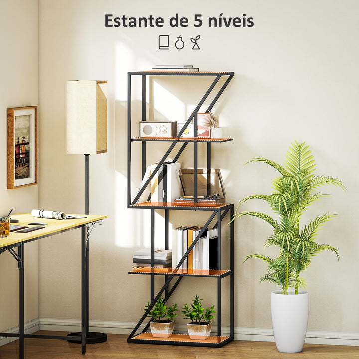 Estante de 5 Níveis Estante para Livros Estilo Industrial com Prateleiras Abertas e Estrutura de Aço para Sala de Estar Quarto e Escritório 60x30x165 cm Madeira e Preto