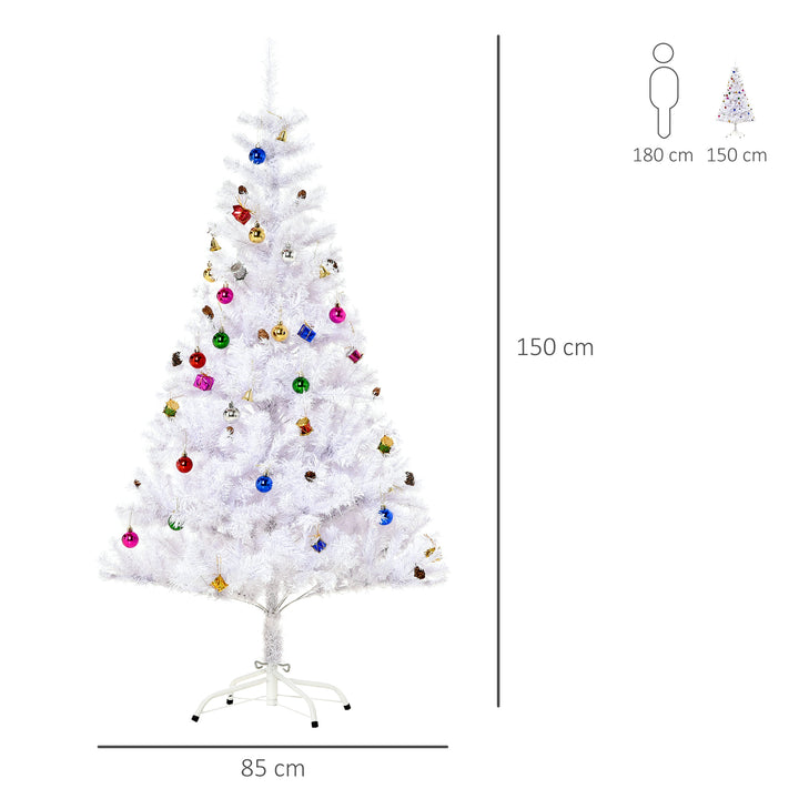 Árvore de Natal Artificial 150cm com 680 Ramos de PVC 48 Decorações Incluidas Suporte Metálico Decoração de Natal para Interiores F85x150cm Branco