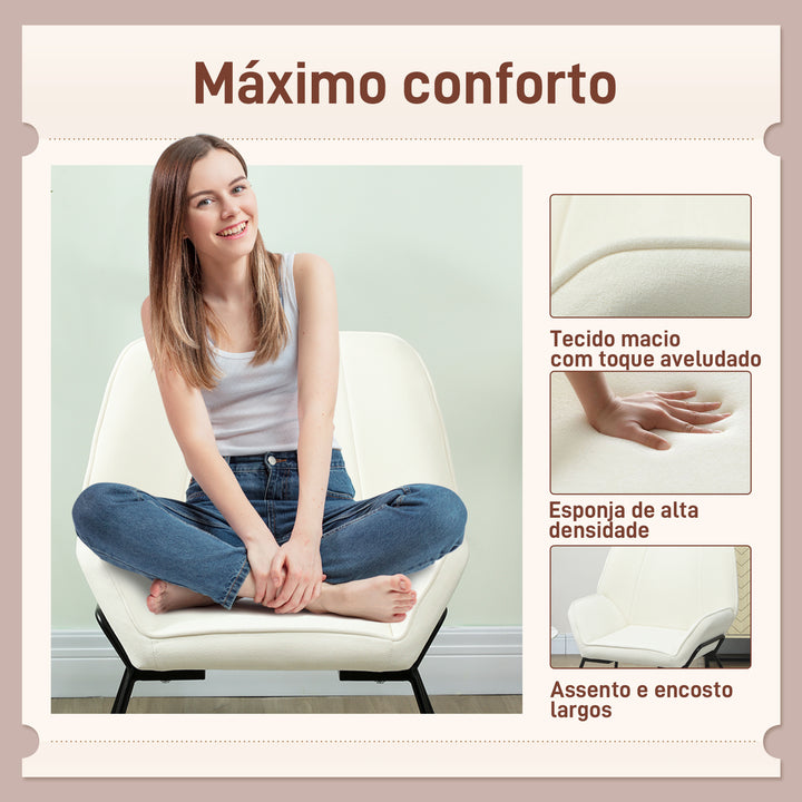 Poltrona Sala de Estar Moderna Poltrona de Leitura com Assento Largo e Acolchoado Estofada em Veludo Pés de Metal Poltrona para Dormitório 70x67,5x87 cm Creme