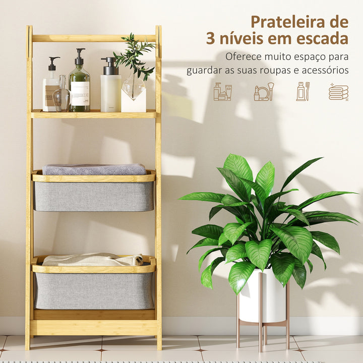 Estante Dobrável para Casa de Banho de Bambu Estante de Casa de Banho com 2 Cestos para Roupa Suja Estante Aberto para Quarto Lavandaria 44,5x32x99 cm Cinzento