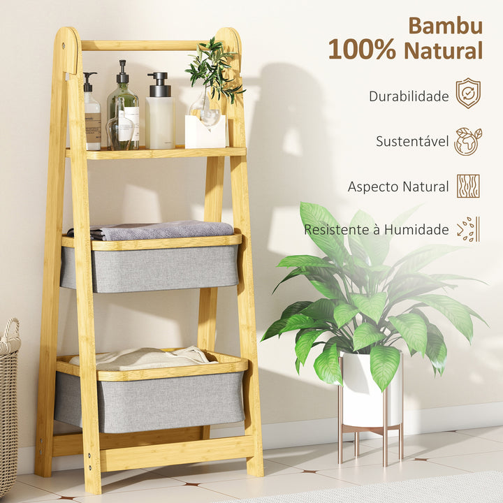 Estante Dobrável para Casa de Banho de Bambu Estante de Casa de Banho com 2 Cestos para Roupa Suja Estante Aberto para Quarto Lavandaria 44,5x32x99 cm Cinzento