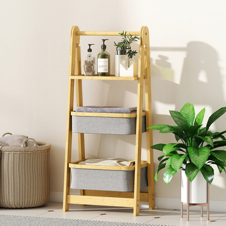 Estante Dobrável para Casa de Banho de Bambu Estante de Casa de Banho com 2 Cestos para Roupa Suja Estante Aberto para Quarto Lavandaria 44,5x32x99 cm Cinzento