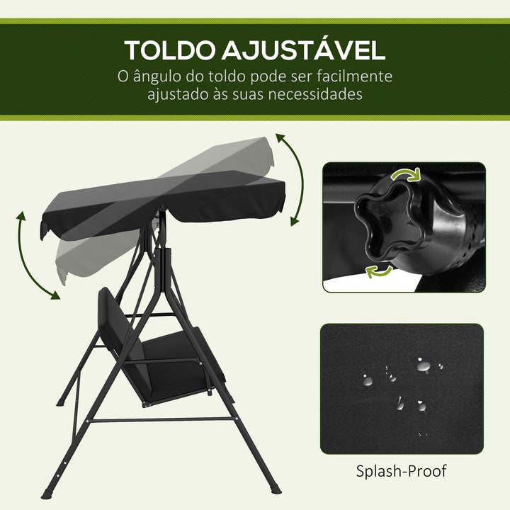 Baloiço de Jardim de 3 Lugares com Almofada Toldo Ajustável e Estrutura de Aço para Balcão Terraço Patio Carga Máx. 200 kg 172x110x153 cm Preto
