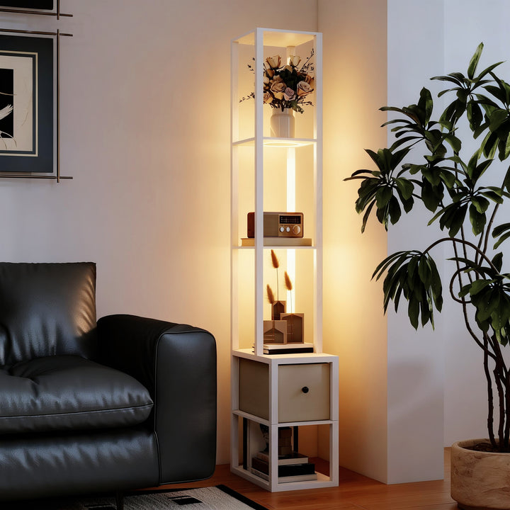 Candeeiro de Pé Moderno 169 cm com Prateleiras Abertas Candeeiro de Pé para Sala de Estar com Gaveta de Tecido e Interruptor de Pé Branco