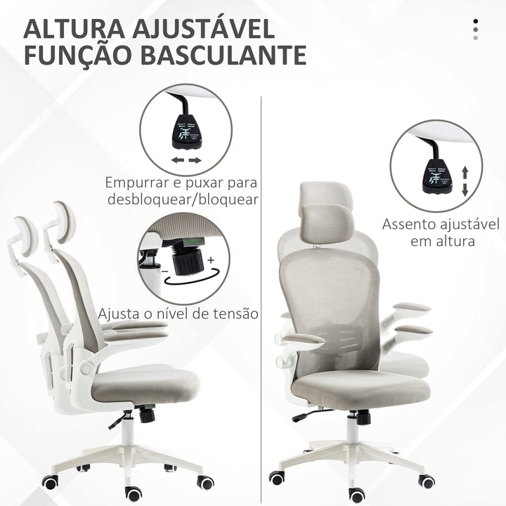 Cadeira de Escritório Basculante Cadeira de Escritório Giratória com Encosto Alto Apoio para a Cabeça Ajustável Suporte Lombar Apoio para os Braços Dobrável e Altura Ajustável Carga 120 kg 62x64x112-120 cm Cinza