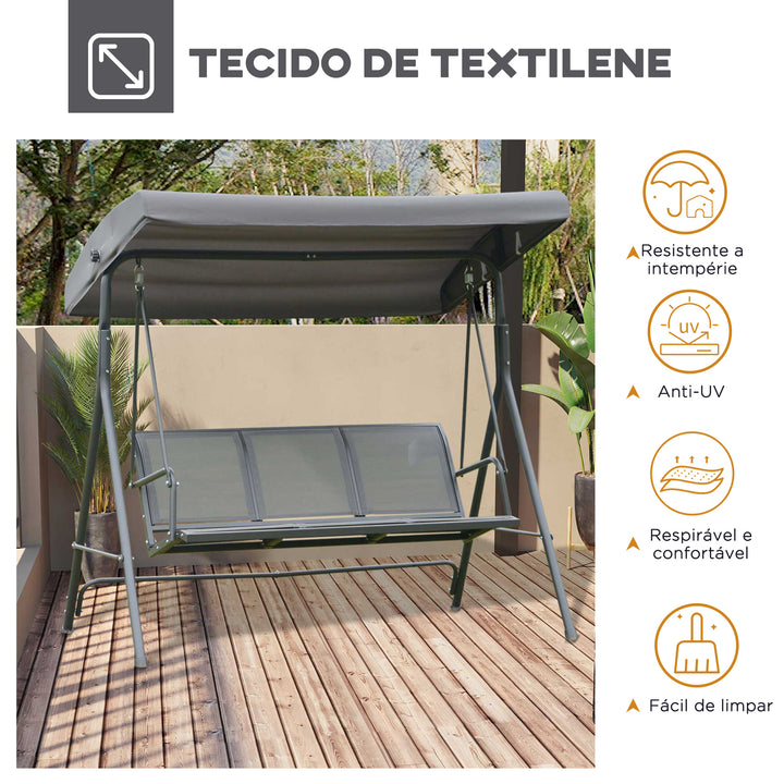 Baloiço Jardim de 3 Lugares com Toldo Ajustável Encosto Respirável e Estrutura de Aço para Terraço Balcão Exterior 175x118x159 cm Cinza