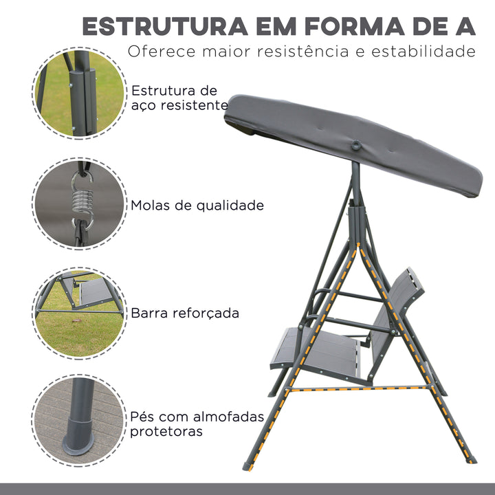 Baloiço Jardim de 3 Lugares com Toldo Ajustável Encosto Respirável e Estrutura de Aço para Terraço Balcão Exterior 175x118x159 cm Cinza
