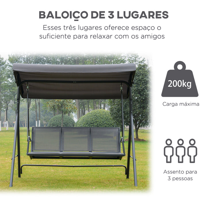 Baloiço Jardim de 3 Lugares com Toldo Ajustável Encosto Respirável e Estrutura de Aço para Terraço Balcão Exterior 175x118x159 cm Cinza