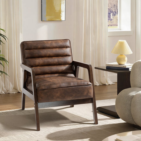 Poltrona Vintage Estofada em Couro Sintético com Almofada Espessa Estrutura em Madeira Maciça para Sala ou Quarto 64x79,5x80 cm Castanho