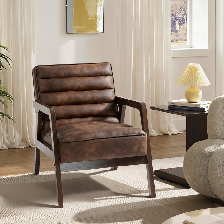 Poltrona Vintage Estofada em Couro Sintético com Almofada Espessa Estrutura em Madeira Maciça para Sala ou Quarto 64x79,5x80 cm Castanho