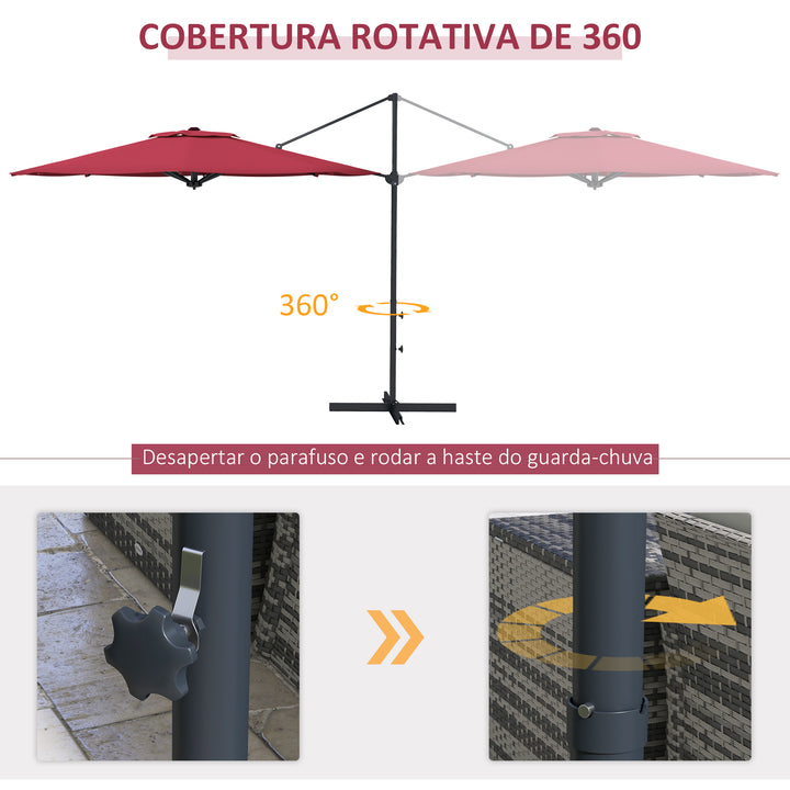 Chapéu de Sol Excêntrico Ø294x242 cm Chapéu de Sol de Jardim com Altura Ajustável Mastro Giratório 360° Ângulo Ajustável e Ventilação Superior para Pátio Piscina Vinho
