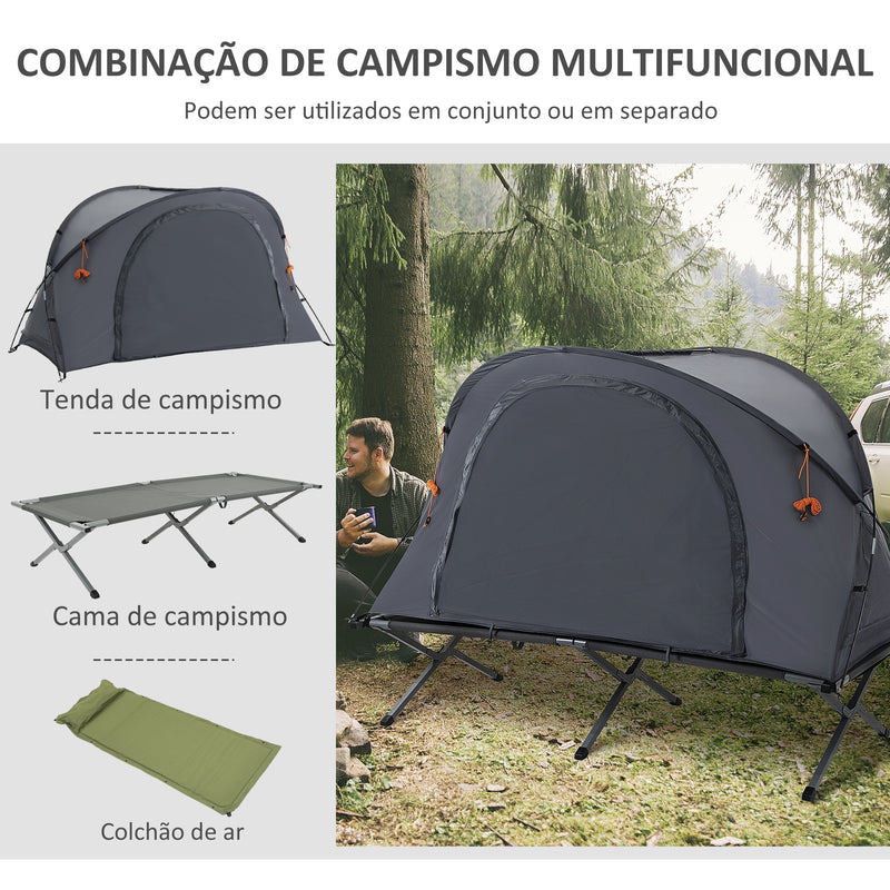 Cama de Campismo Dobrável 3 em 1 Cama de Campismo Elevada com Tenda Colchão Insuflável e Bolsa de Transporte para Trilha 200x86x147 Cinza