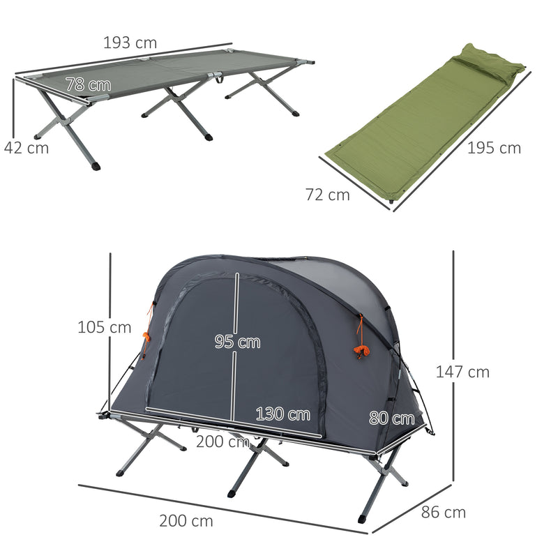 Cama de Campismo Dobrável 3 em 1 Cama de Campismo Elevada com Tenda Colchão Insuflável e Bolsa de Transporte para Trilha 200x86x147 Cinza