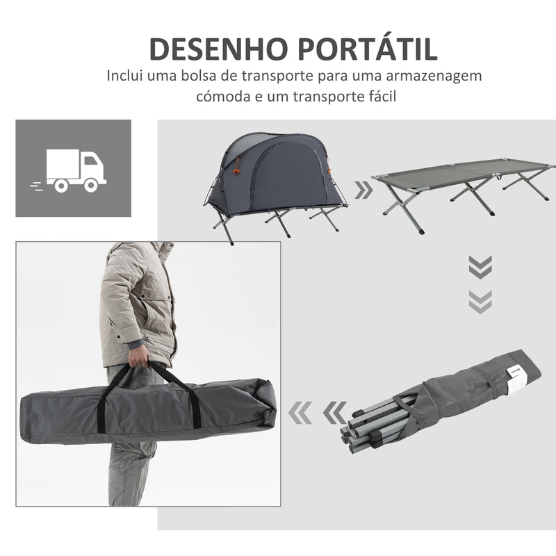 Cama de Campismo Dobrável 3 em 1 Cama de Campismo Elevada com Tenda Colchão Insuflável e Bolsa de Transporte para Trilha 200x86x147 Cinza