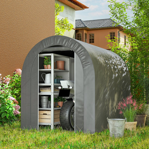 Tenda de Jardim Exterior para Ferramentas Bicicletas 2,4x1,6x1,9 m Abrigo Exterior com Estrutura em Aço Porta Enrolável com Fecho Impermeável Garagem Portátil Cinzento Claro