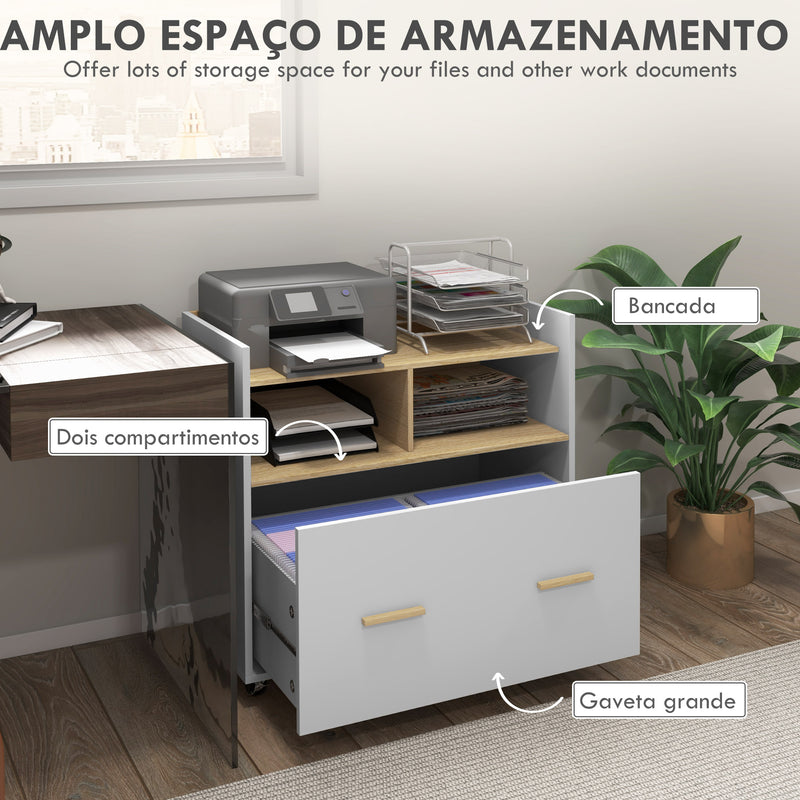 Armário para Escritório Armário para Arquivos com Rodas Gaveta Barra Suspensa para Tamanho A4 e 2 Compartimentos de Armazenamento para Estúdio Sala de Estar 76x40x75,5 cm Branco e Madeira