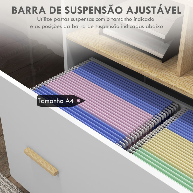 Armário para Escritório Armário para Arquivos com Rodas Gaveta Barra Suspensa para Tamanho A4 e 2 Compartimentos de Armazenamento para Estúdio Sala de Estar 76x40x75,5 cm Branco e Madeira