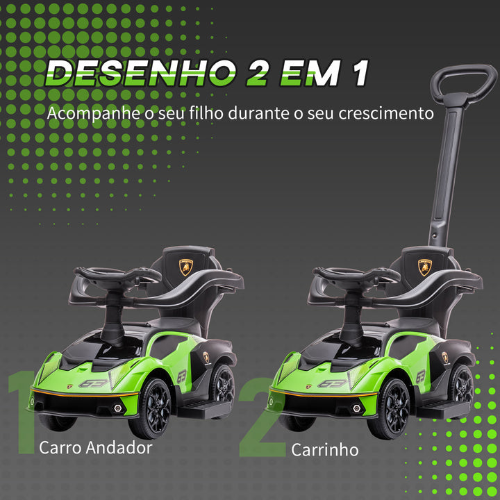 2 em 1 Carro Andador para Crianças 12-36 Meses Lamborghini Essenza SCV2 Carro Andador com Buzina Guiador e Grade de Segurança Removível 86,5x40x89,5cm Verde e Preto